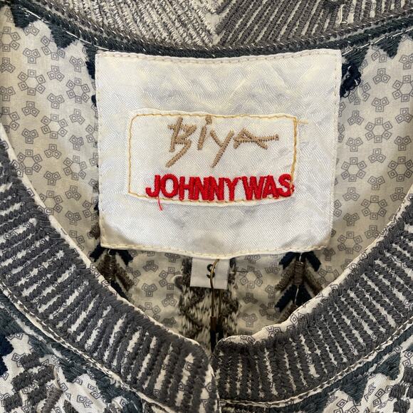 Johnny Was Biya Kaftan Style Dress Gray White Print Silk Embroidered Oversize S - Picture 2 of 9